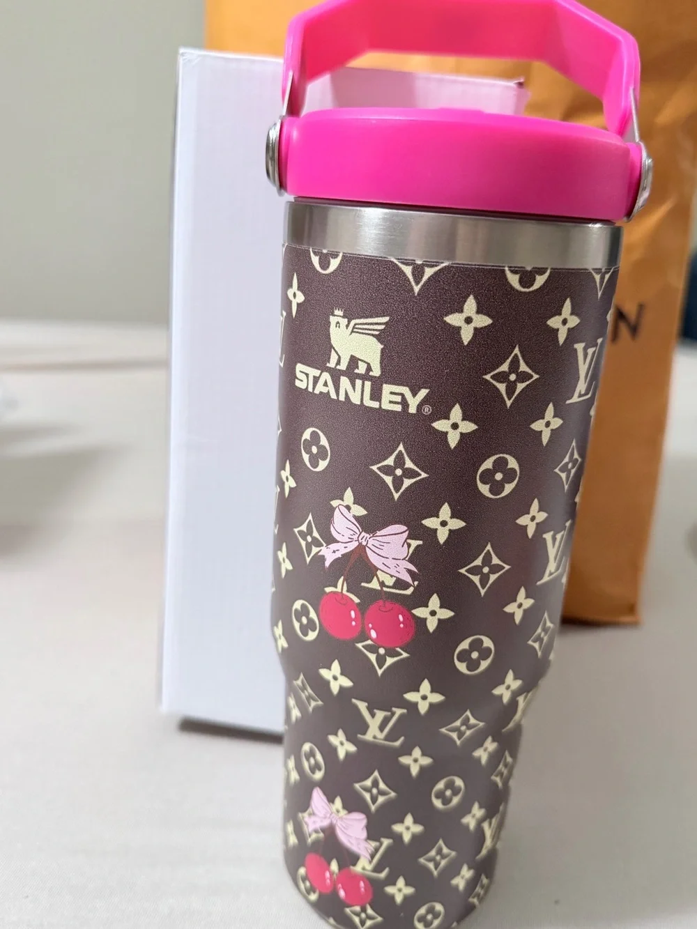 SOLD Stanley Cup - Brown Cherries Pattern with Pink Handle - Picture 1 of 5